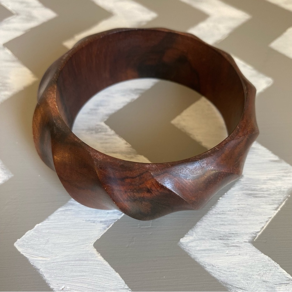 Vintage Chunky Carved Wood Bangle Bracelet Boho Coastal Statement